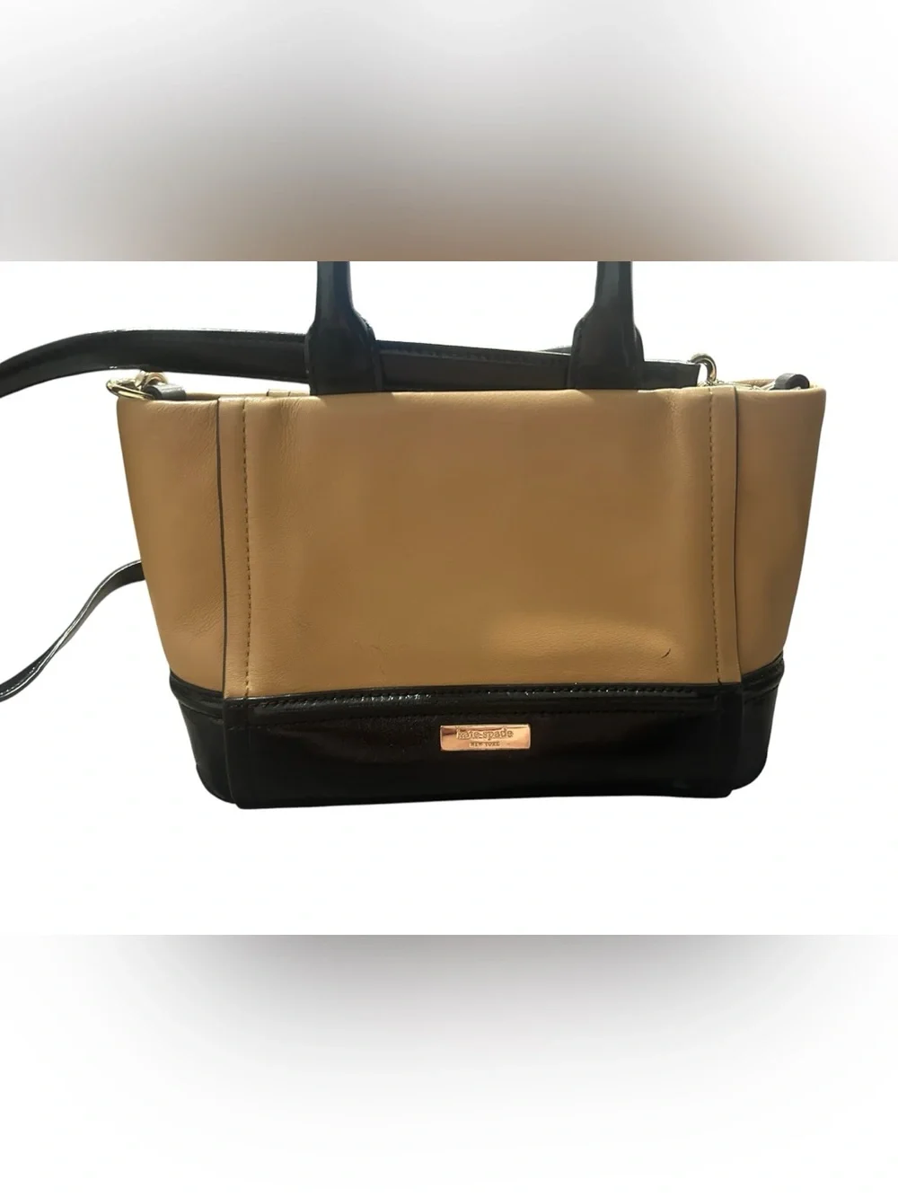 kate spade Two-Tone Black and Tan Leather Tote with Gold Plaque